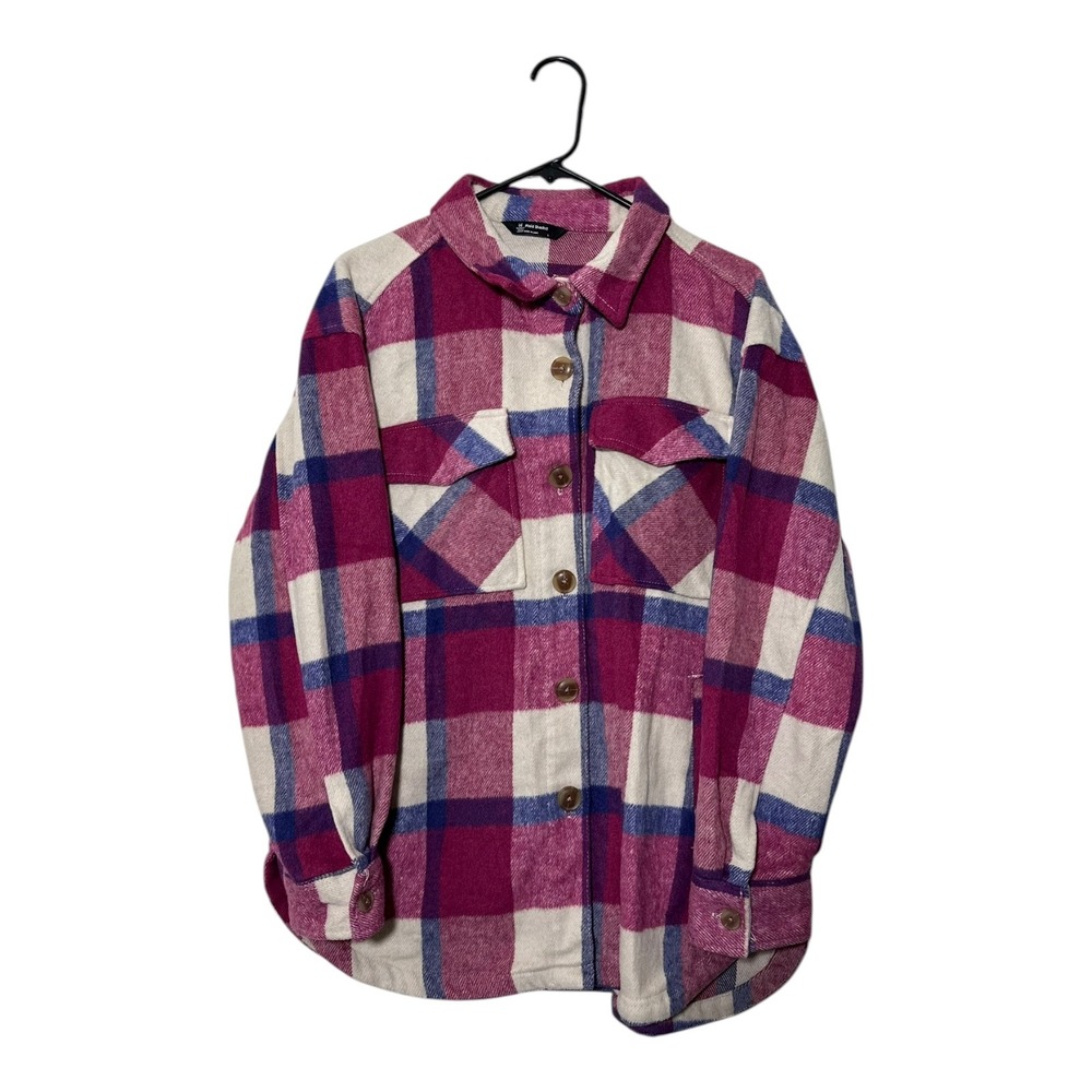Members Mark Plaid Shacket Oversized Button Front Pink Blue Cream L